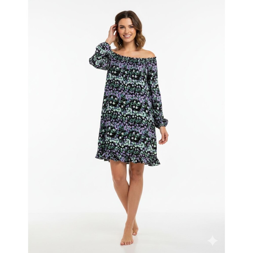 Loft Dress Floral Smocked Dress Ruffle Neck XL Black Purple Green EUC